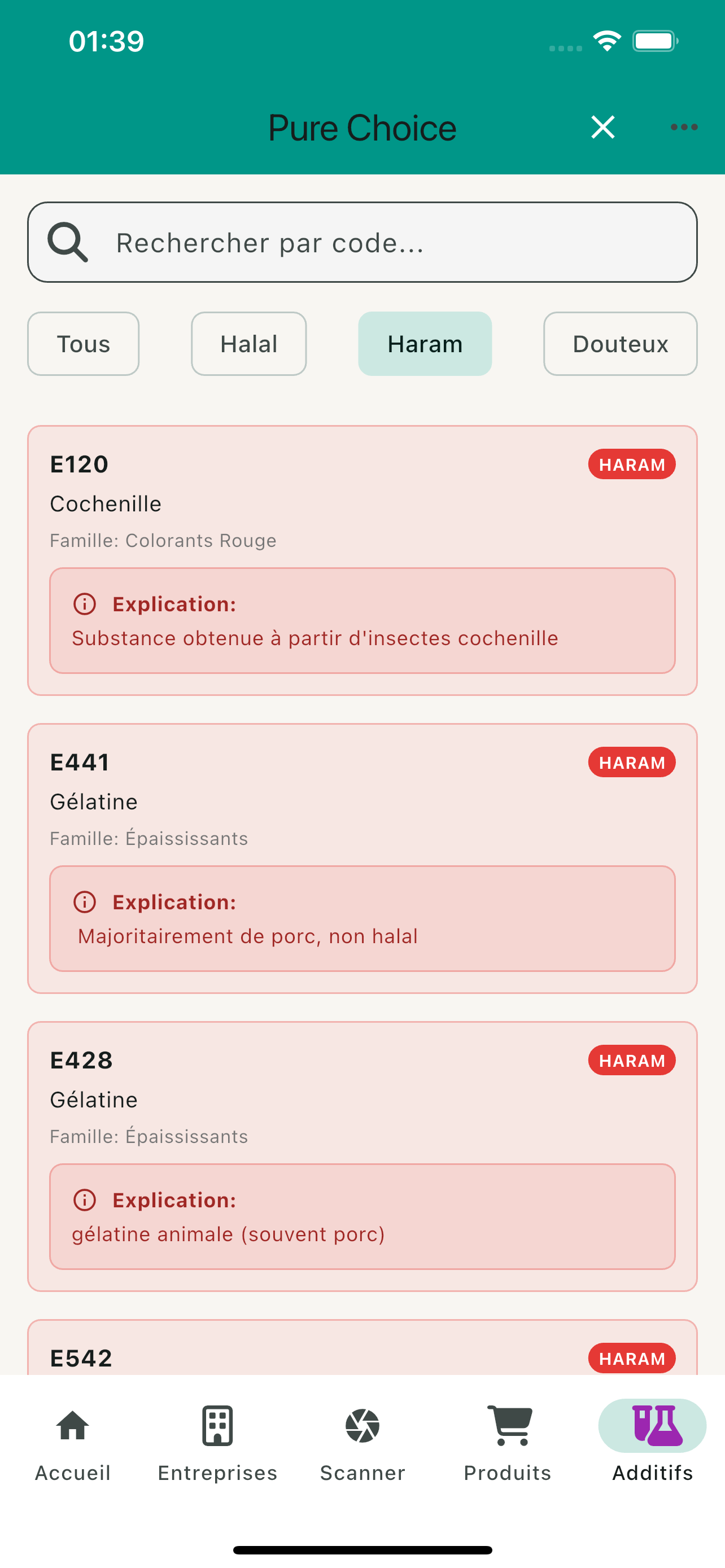 Page additifs filtrée Haram — Cochenille E120, Gélatine E441 avec explications